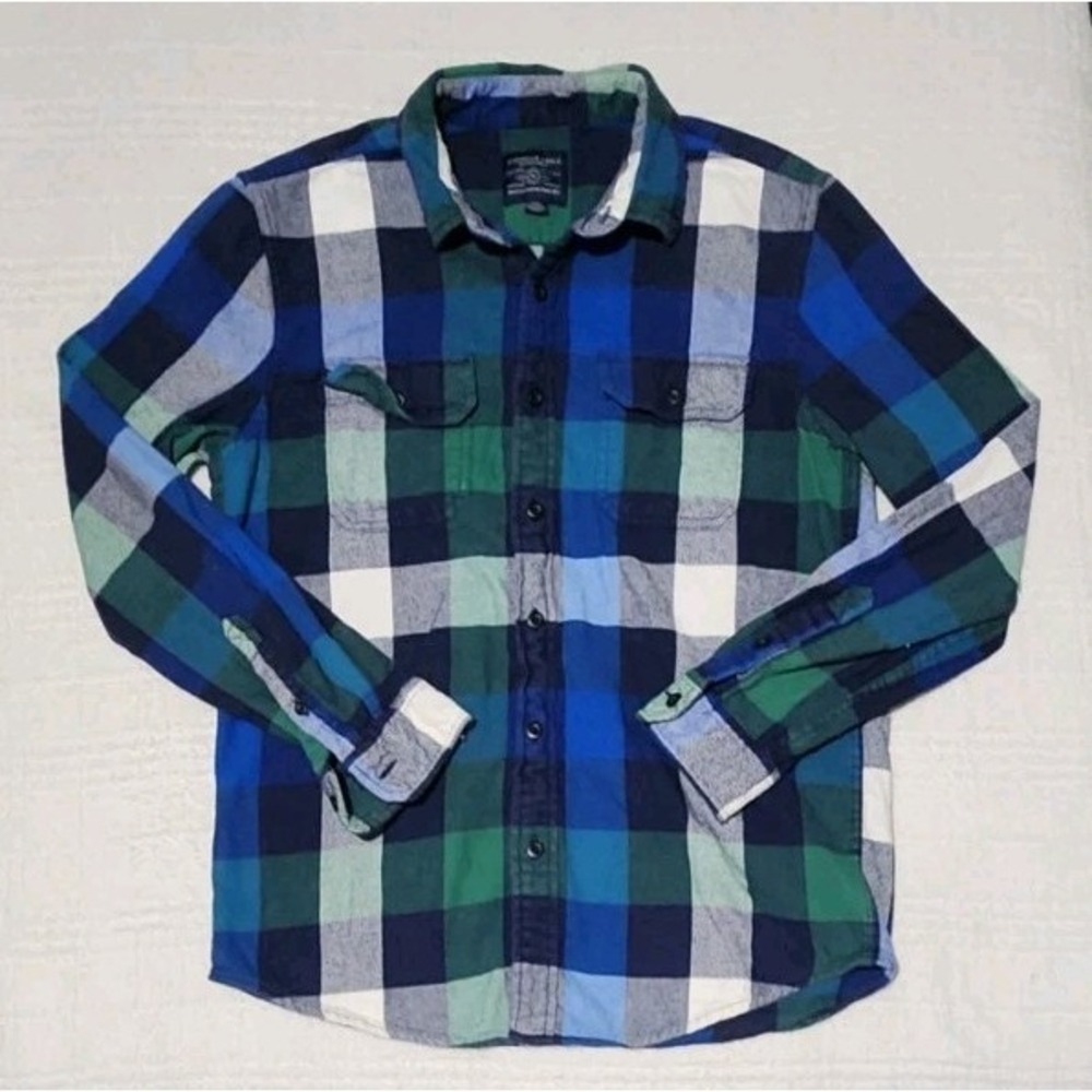American Eagle Mens M Heavy Plaid Flannel Shirt Button-Up Long Sleeve Blue Green